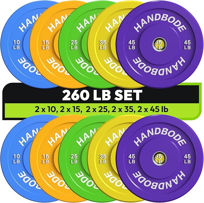 Colored Bumper Weight Plates Olympic Weight Plate Set 2-Inch, 10/15/20/25/35/45/55 lb Barbell Weight Plates Set for Home Gym, Rubber Strength Training Weights Plates for Weight Lifting