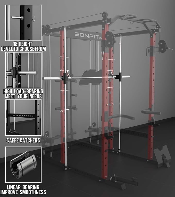 Eonfit E5 Smith Machine with Vertical Leg Press, Power Cage Squat Rack with LAT-Pull Down Cable Crossover Rotating Arms System Home Gym Equipment All in One (E5 RED)