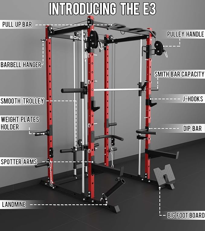 Eonfit E3 Smith Machine with 360°Rotating Arm for Home Gym Equipment, Multi-Function Power Cage Squat Rack with Cable Crossover LAT Pulldown Pulley System All in One