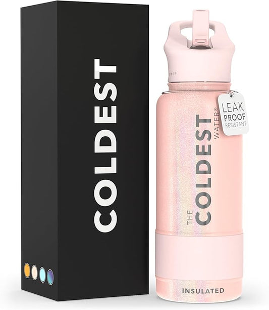 Coldest Insulated Water Bottle with Straw Lid - Stainless Steel Metal Insulated Bottle for Men & Women (Forever Pink Glitter, 32 oz)
