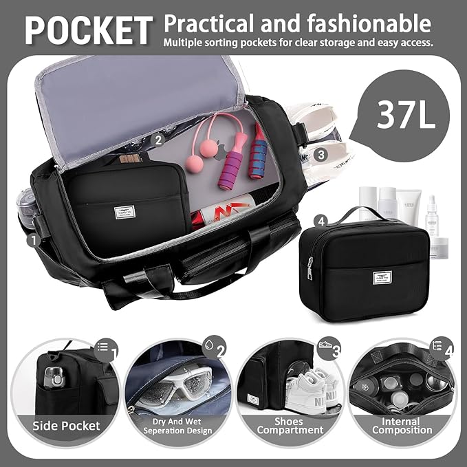 FIORETTO Women's Gym Duffle Bag with Shoes Compartment, 37L Capacity, Ideal for Travel, Gym, Sports, Duffel, Weekender