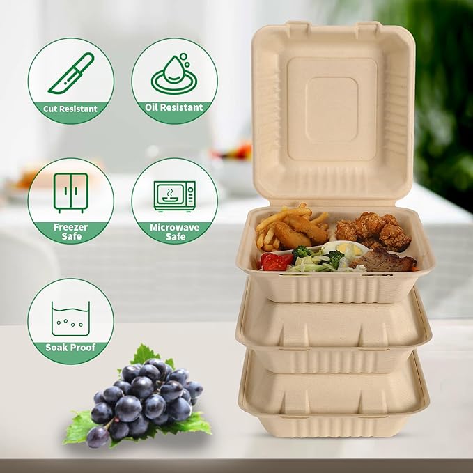 Aricsen 50 Pack 3 Compartment Compostable 8x9 Inch Takeout Lunch Box Containers with Lid To Go Take Out Clamshell for Food, Disposable Eco-Friendly Biodegradable Bagasse, PFAS-Free, Brown