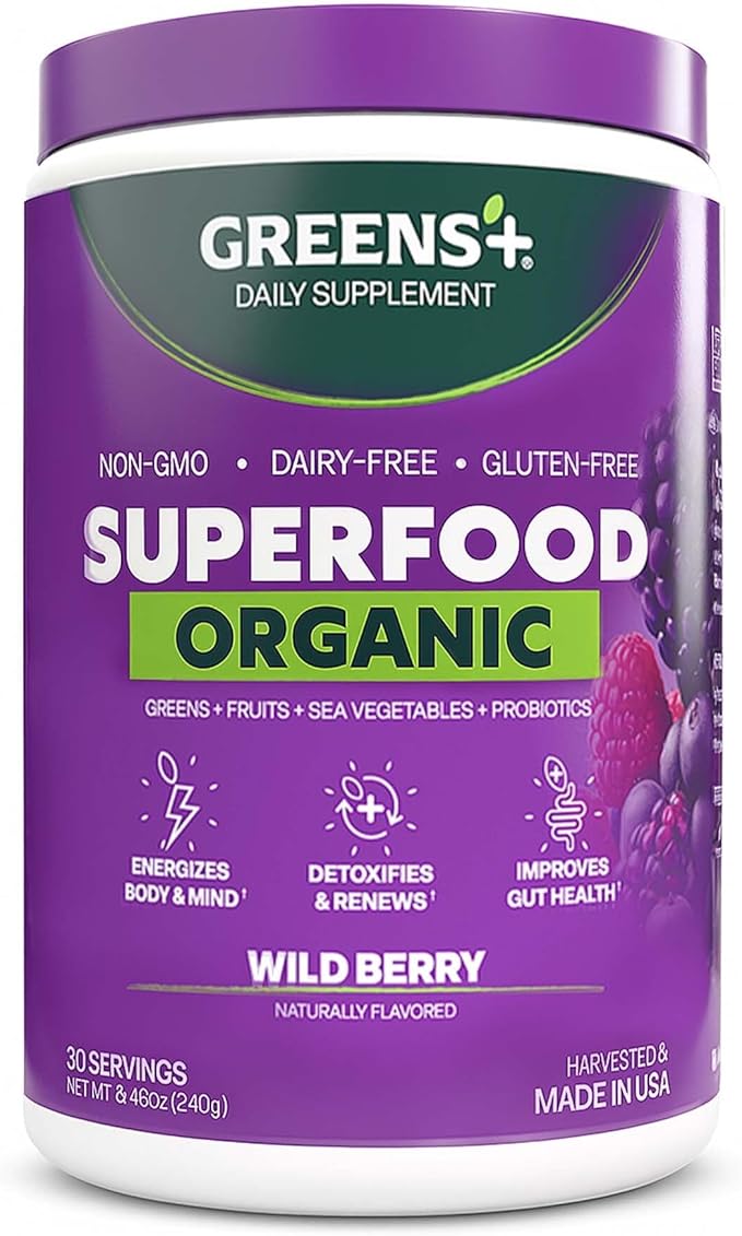 Greens+ Organic Wild Berry Superfood Powder, Antioxidant Polyphenol, Blend for Morning Kick, Energy, Vitality Boost, Nutrition, Vibrant Health, Dietary Supplement, Vegan Soy/Dairy/Gluten Free(8.46oz)