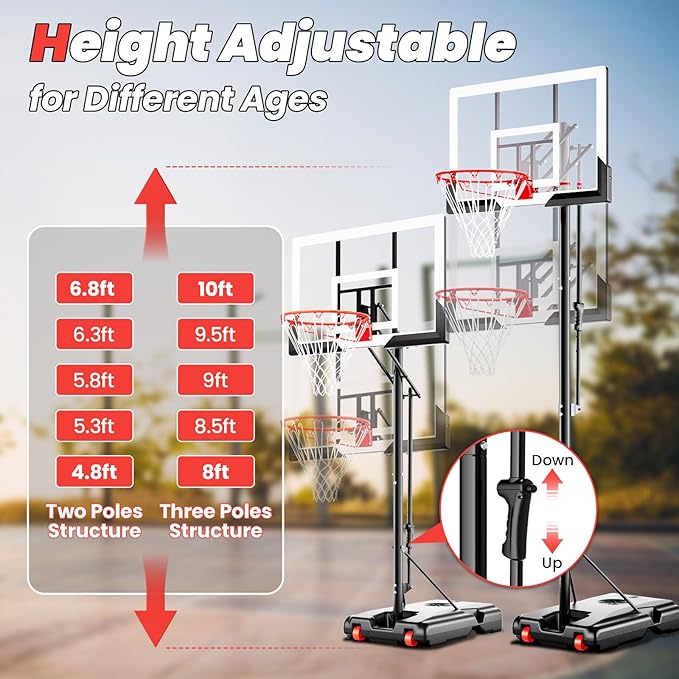 Basketball Hoop 44 Inch Backboard Protable Basketball Hoop Outdoor, 4.8-10ft Height Adjustable Basketball Goal System for Kids Youth Adults Play in Backyard/Courts/Indoor