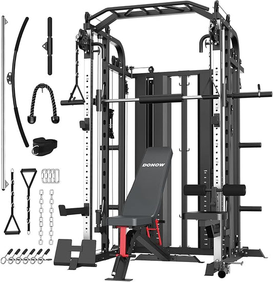 DONOW Smith Machine with Weight Stacks Power Cage Squat Rack Dual Cable Crossover Machine Home Gym Systems Station LAT Pull Down