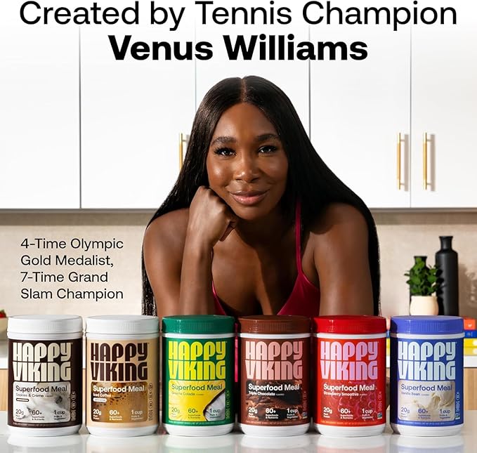Happy Viking Triple Chocolate Plant Protein Powder, Created by Venus Williams, 20G Protein, Low Carb, Keto, Vegan, Gluten-Free, Non-GMO, Superfoods, Complete Meal Replacement, 8 Single Serve Packs
