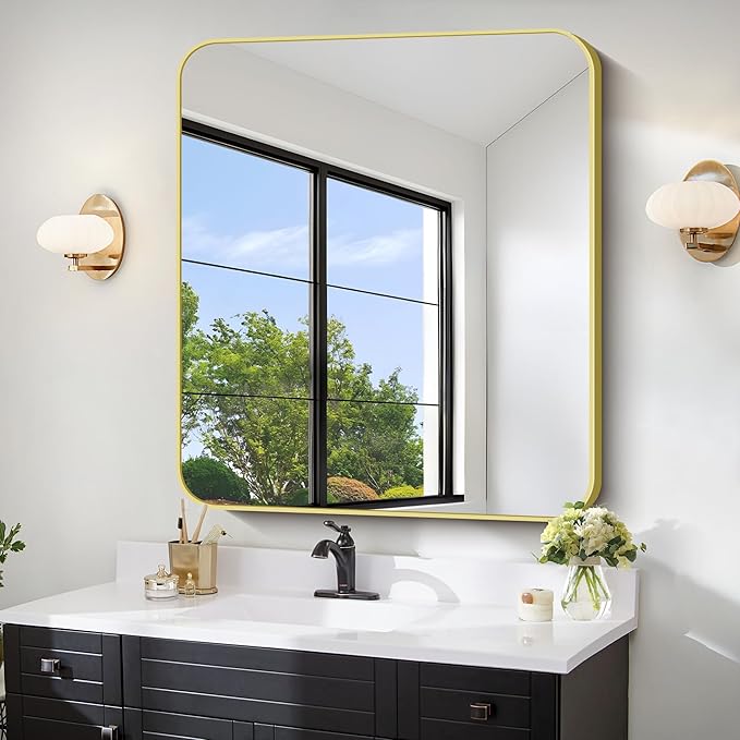 FORBATH 40x36 Inch Gold Bathroom Mirror for Over Sink, Large Rectanglar Wall Mirror with Metal Frame, Rounded Corners for Bathroom, Bedroom, Entryway Decor (Horizontal or Vertical)