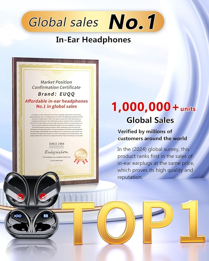 EUQQ Ear Buds Wireless Bluetooth Earbuds, Noise Cancelling Headphones 120H Playtime，IPX7 Waterproof Sports with Earhooks,LED Display Wireless Earphones for Running Gym Workout-Black