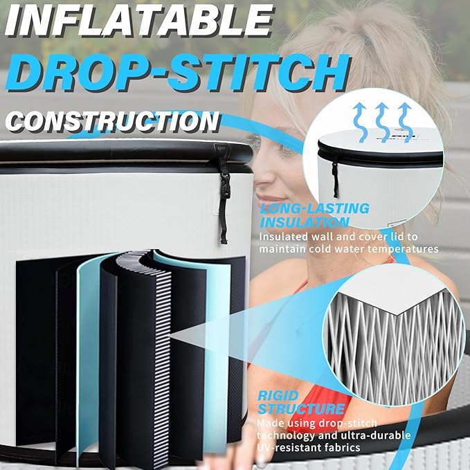 Inflatable Ice Bath Tub for Athletes - Cold Plunge Tub Compatible Water Chiller, Insulated Lid, EVA Groundsheet, Backpack, 115 Gallon, 37.4" L x 37.4" W x 29.53" H