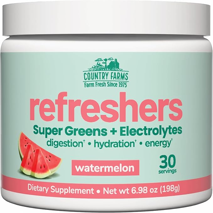 COUNTRY FARMS Refreshers, Super Greens and Electrolytes, Essential Minerals and Superfoods, Hydration Support, Promotes Natural Energy, with Fiber, Watermelon, 30 Servings