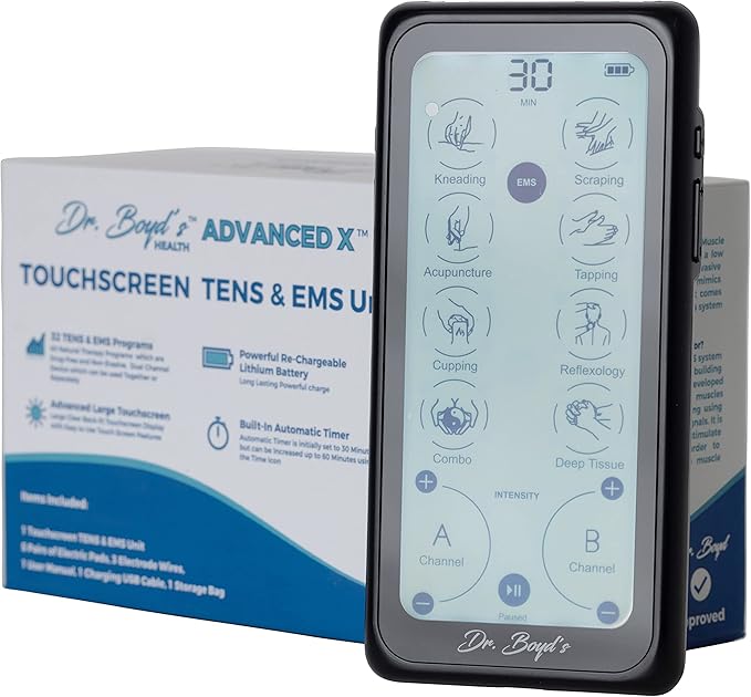 Dr. Boyd's "Advanced X" Touchscreen TENS & EMS Unit -32 Modes, 8 Settings, Large Back-Lit Touchscreen Display, Dual Channel, Re-Chargeable Battery, Automatic Timer, 5 Pairs of Pads, Storage Bag