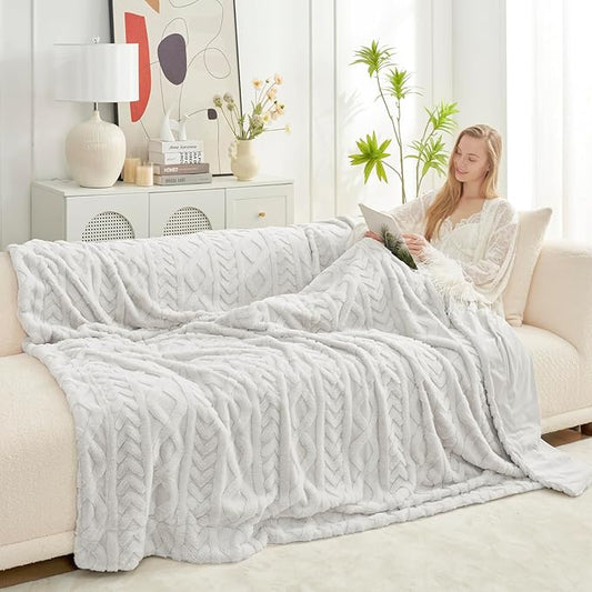 Cozy Bliss Faux Fur Throw Blanket for Couch, Jacquard Fuzzy Plush Soft Thick Winter Throw Blanket for Sofa Bed Living Room Bedroom, 90 * 90 Inches Beige