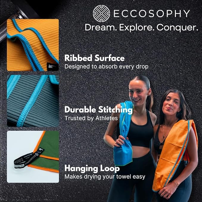 ECCOSOPHY Microfiber Beach Towel – Quick Dry Gym Towel, Highly Absorbent with Ribbed Texture, Lightweight – Ideal for Travel, Pool, Yoga, Fitness & Outdoor Adventures – 40x20 Fern
