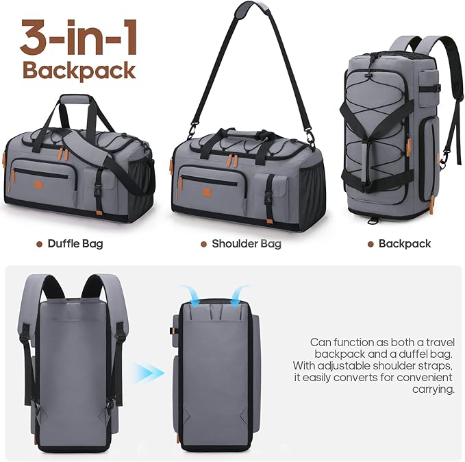 Gym Bag for Men and Women with Shoe & Laptop Compartment, 3-in-1 Sports Travel Duffel Bag Anti-Theft Weekender Carry-On Backpack for Airplane & Workout, Overnight Travel Bag,35L (Dark Grey, Medium)