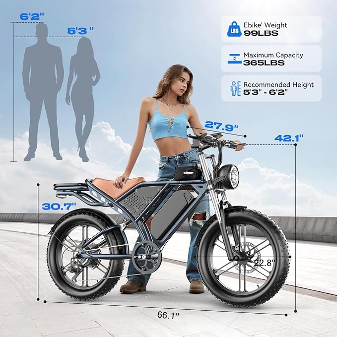 Electric Bike for Adults, 1200W 32MPH, 48V 30AH E-Bike, 65-Mile Range, 20-Inch Fat Tire E-Motorcycle,Off-Road Fit for Mountains, Snow, Sand, Highways