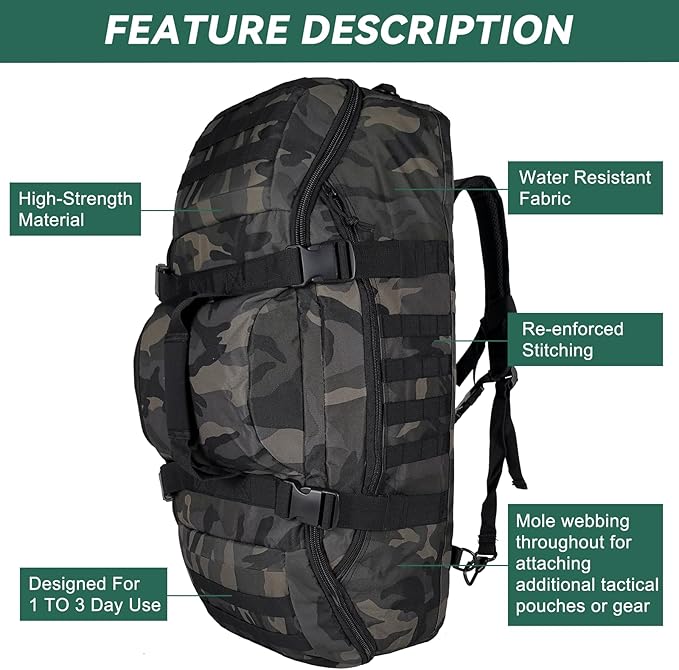 65L Large Duffle Bag, 3-in-1 Tactical Backpack MOLLE Pack for Sports, Gym, Outdoor, Black Camo