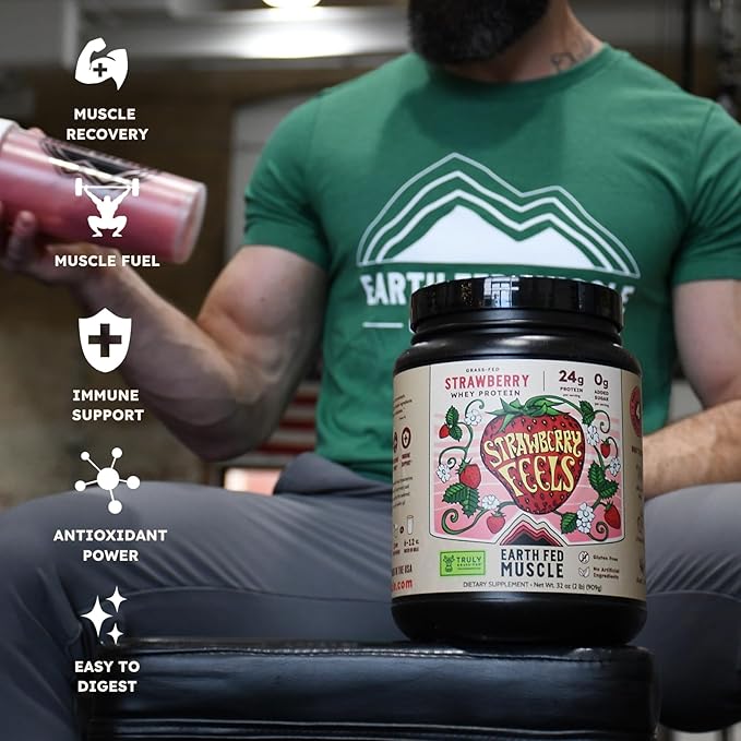 Earth Fed Muscle Strawberry Feels (Forever) – Irish Truly Grass‑Fed Whey Protein Isolate, No Sugar, Soy‑Free, Gluten‑Free (2 lb, 29 Servings, Strawberry)