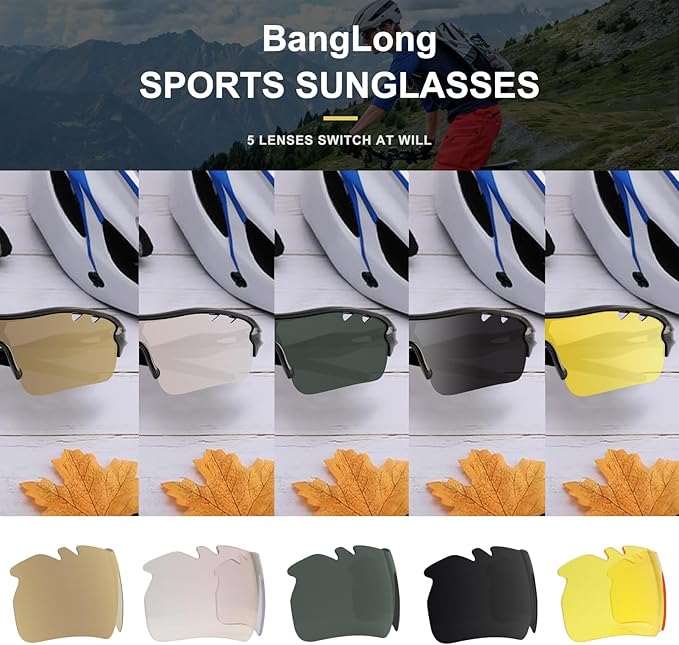 BangLong Polarized Sports Sunglasses Cycling Sun Glasses for Men Women with 5 Interchangeable Lenes for Running Baseball Golf