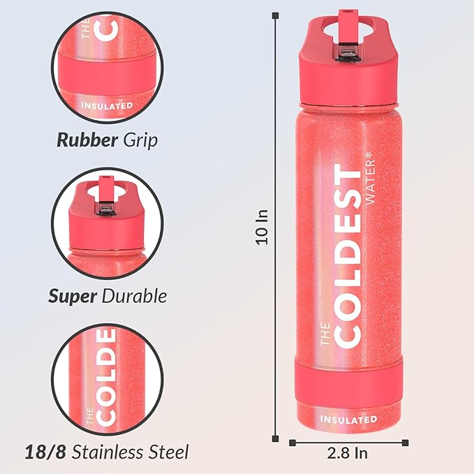 Coldest Insulated Water Bottle with Straw Lid - Stainless Steel Metal Insulated Bottle for Men & Women (Mars Red Glitter, 24 oz)