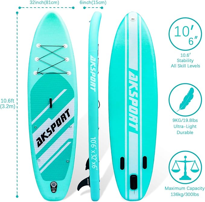 AKSPORT Inflatable Stand Up Paddle Board, SUP Board with All Accessories, Wide Stable Design, Non-Slip Deck, Inflatable Paddle Boards for Youth & Adult