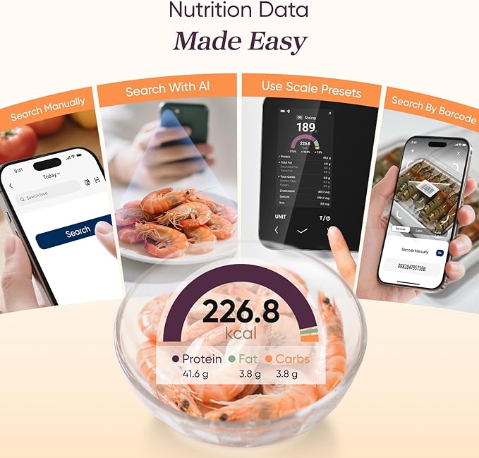 COSORI Smart Digital Food Kitchen Scale with Nutritional Calculator, On-Screen Nutrient Info, Free App for Calorie & Macro Tracking, AI Scan, Personal Goals, for Weight Loss and Keto, 11lb/5kg