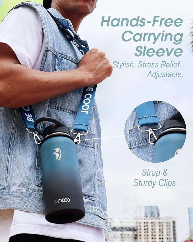 Coolflask Insulated Water Bottle with Strap, 32 oz Metal Water Flask with Straw & Spout Lids, Stainless Steel Double Wall Vacuum, Keep Cold 48h Hot 24h, Leak Proof & Non-BPA, Prussian Blue