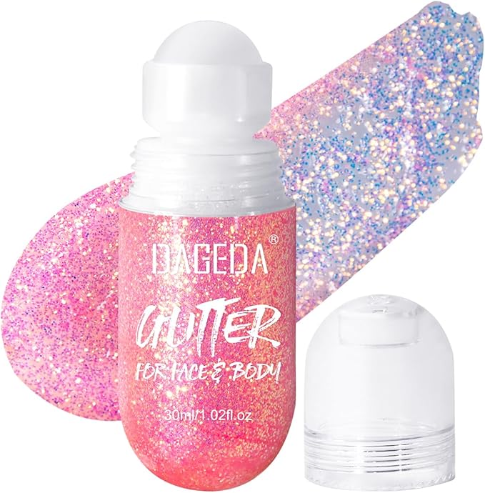 DAGEDA Body Glitter Gel, Roll-on Face Glitter for Mermaid Makeup Festival Rave Accessories, Holographic Hair Glitter Gel,Body Shimmer Halloween Makeup for Rave Party (Pink)