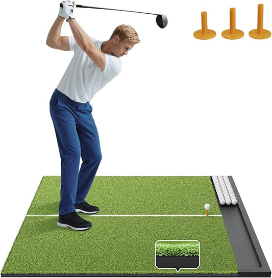 Golf Hitting Mat with Ball Tray, 5x4 & 6x4 ft, 26mm/31mm Thick, Standard & Alignment Line Options, Premium Golf Practice Mat for Indoor Outdoor Swing & Chipping