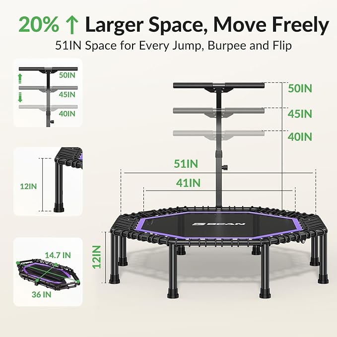 BCAN 51" Octagonal Mini Trampoline, Max Load 450 LBS Fitness Trampoline with T-Adjustable Handle Bar, Silent Bungees, Larger, More Stable, Quieter Exercise Rebounder for Adults Indoor/Garden Workout