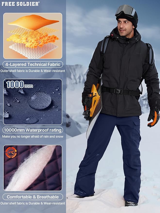 FREE SOLDIER Men's Waterproof Snow Insulated Pants Winter Skiing Snowboarding Pants with Zipper Pockets