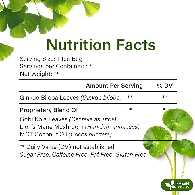 FreshDrinkUS, Memory Brain Booster Herbal Tea – 40 Tea Bags – Ginkgo Biloba, Gotu Kola, Lion's Mane & MCT Coconut Oil – Smooth, Earthy Flavor – Caffeine-Free – Daily Herbal Blend for Anytime Use