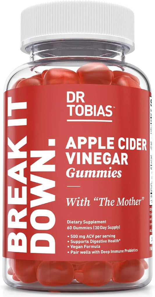 Dr. Tobias Apple Cider Vinegar Gummies, Includes 500 mg Apple Cider Vinegar with Mother, Folate, B12 & Iodine, Supports Gut Health, Cleanse & Detox, Vegan, Gluten-Free, 60 Gummies