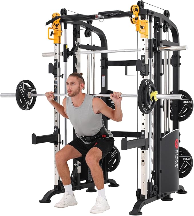 Altas Strength Smith Machine Home Gym 1000 lbs Capacity 2000 lbs Cables Strength Training Power Cages for Squats Presses Pulling Deadlifts Light Commercial Equipment Easy Assembly M810