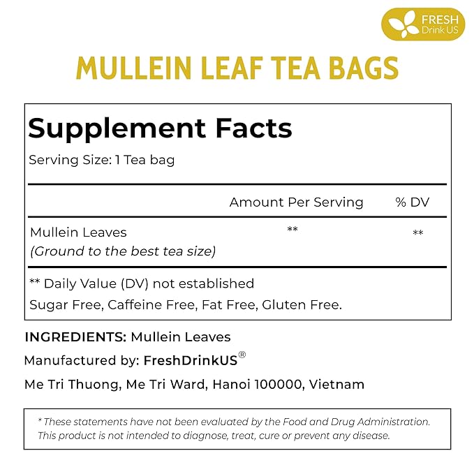 FreshDrinkUS, Premium 25 Mullein Leaf Tea For Lungs, Lung Detox Tea, Great Tea For Lung, Handmade, 100% Natural & Pure, Mullein Tea, Lung Detox For Smokers, No Sugar, No Caffeine, No Gluten, Vegan