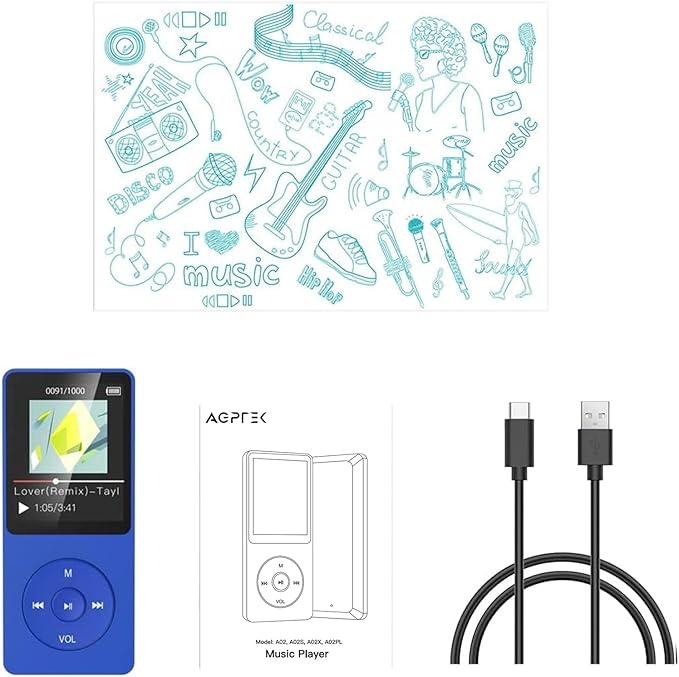 AGPTEK A02PL 64GB MP3 Player, 70 Hours Playback Lossless Sound Music Player, Supports up to 128GB(Deep Blue)