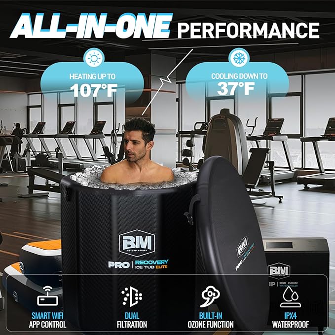 Inflatable Cold Plunge Tub with Step, 1 HP Water Chiller for Ice Bath Tub, Hot & Cold Mode Machine with Ozone, Smart WiFi, Dual Filters, Fast Cooling, 115 Gallon, 39" L x 39" W x 35.4" H