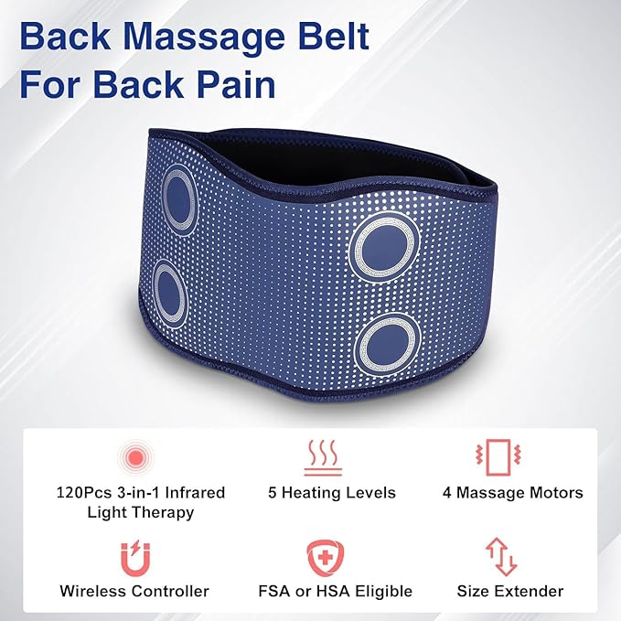 Cordless Back Massager Belt - FSA-HSA Eligible Red Light Therapy Massage Belt with 5 Heating Levels,3 Vibration Modes, Lower Back Massager for Pain Relief Deep Tissue,4 Motors,Battery-Powered (Blue)