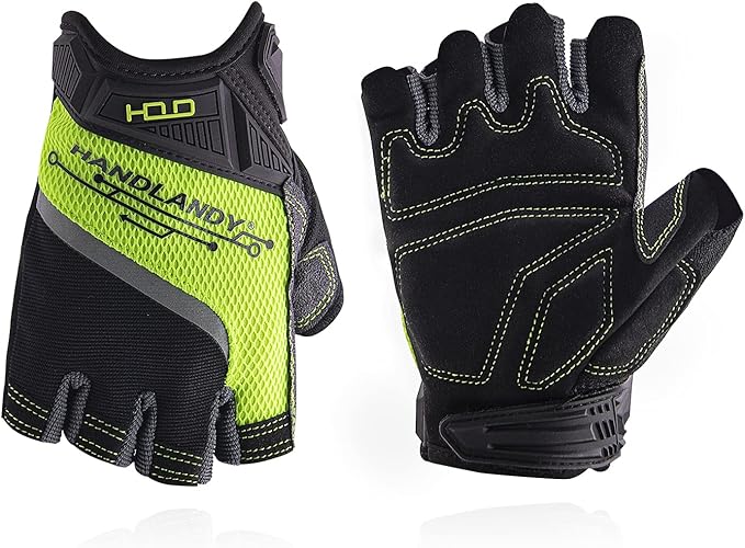 HANDLANDY Fingerless Work Gloves for Men Utility Padded Half Finger Driving Working Gloves (Medium, Green)