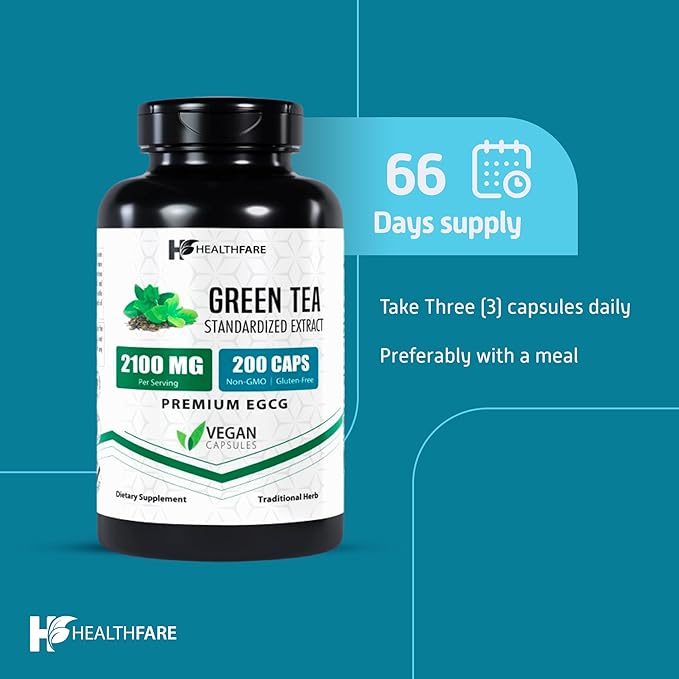 EGCG Green Tea Extract Supplement, 2100mg | 200 Capsules | Standardized 50% EGCG, 98% Polyphenols | 80% Catechins | Non-GMO | Gluten-Free