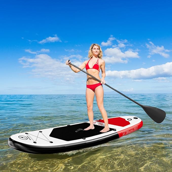 Inflatable Stand Up Paddle Board with SUP Accessories & Backpack. Paddle Boards for Adults. Non-Slip Deck, Wide Stance, Bottom Fin, Double Action Pump.