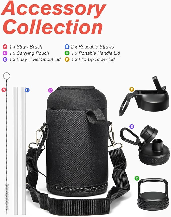 Half Gallon Insulated Water Bottle with Straw & 3 Lids, Coolflask 64 oz Water Jug Large Metal Stainless Steel Wide Mouth for Sports, Gym or Office, Non-BPA Keep Cold 48H Hot 24H, Piano Night