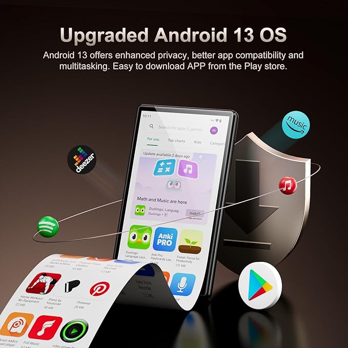 96GB MP3 Player with Bluetooth WiFi, Android 13 OS MP3 & MP4 Players with 5" IPS HD Touchscreen and Speaker, 4GB RAM & 32GB ROM, 2500mAh Music Player with Spotify, Play Store