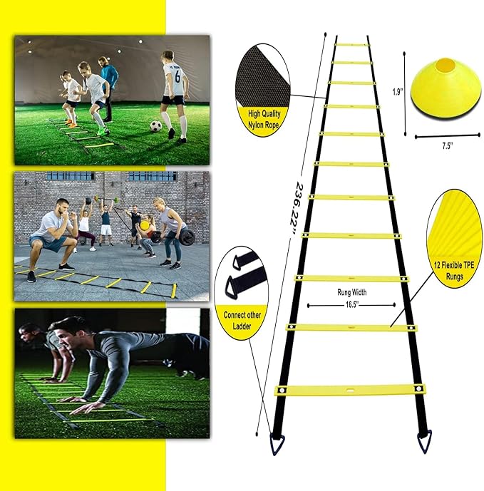 Agility Ladder Speed Agility Training Equipment,1 Agility Ladder 20ft,4 Hurdles,Training Soccer Cones,Jump Rope,Running Parachute, Agility Training Equipment for Kids Youth Adul