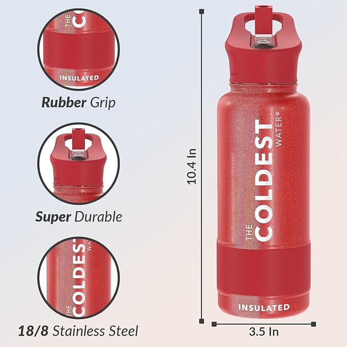 Coldest Insulated Water Bottle with Straw Lid - Stainless Steel Metal Insulated Bottle for Men & Women (Mars Red Glitter, 32 oz)