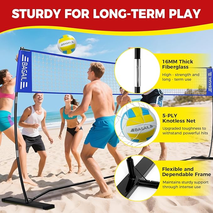 BAGAIL Volleyball Net, 12ft/20ft Portable Volleyball Net for Backyard - Adjustable Height, Heavy-Duty Frame, Freestanding Design - Portable Outdoor/Indoor Volleyball Set with Carry Bag