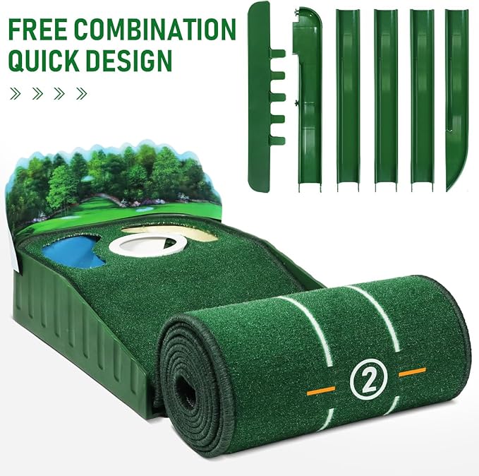 Golf Putting Mat Putting Green Indoor & Outdoor with Ball Return and 3 Holes Improve Accuracy and Speed Durable Wrinkle-Resistant Velvet Crystal Mat Golf Accessories for Men