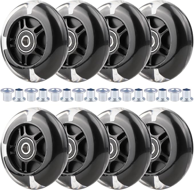 8pcs Inline Skate Wheels Led Light-Up Wheels 64/70/72/76/80mm w/Bushings 85-88A for Kids and Youth Beginners Children's Inline Skates Indoor/Outdoor Use (Black, 80mm)