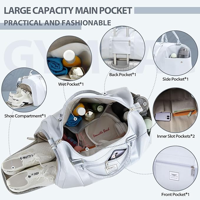 FIORETTO Womens Gym Tote Duffle Bag with Wet Pocket & Shoe Compartment, Sports Duffel Overnight Weekender Hospital Workout Carry on Bag for Girls, Ideal for Travel, Swimming, Dance, Ballet Grey