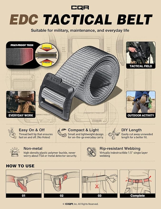 CQR Tactical Belt, Military Style Heavy Duty Belt, Webbing EDC Quick-Release Buckle