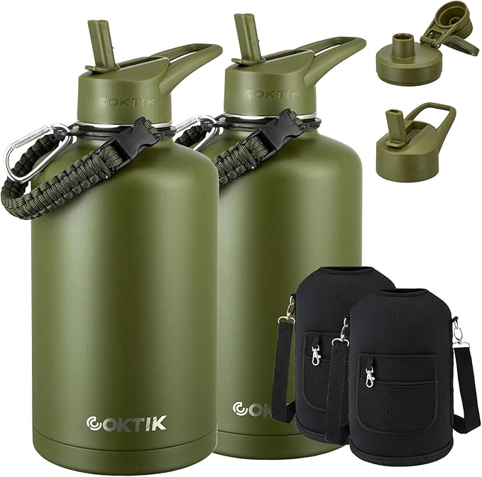 COKTIK 84oz Water Bottle with Straw - Triple Insulated Flask, 48hr Cold Retention Large Water Bottle, Leakproof Water Jug for Gym, Hiking, Camping, Outdoor Sports (2 pack, Army Green)